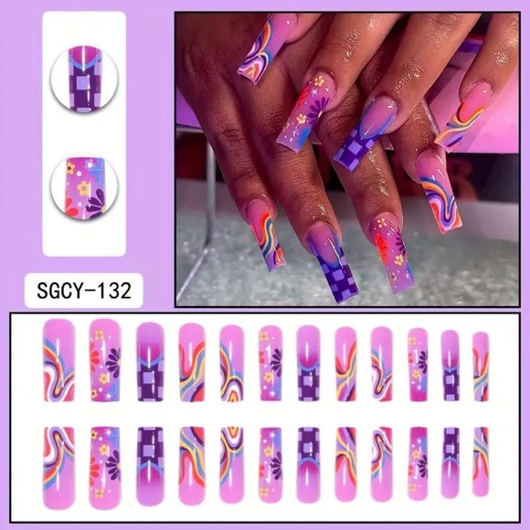 24pcs Glossy Purple Fake Nails with Cute Flower Checkerboard and Rainbow Swirl - Picture 6 of 6